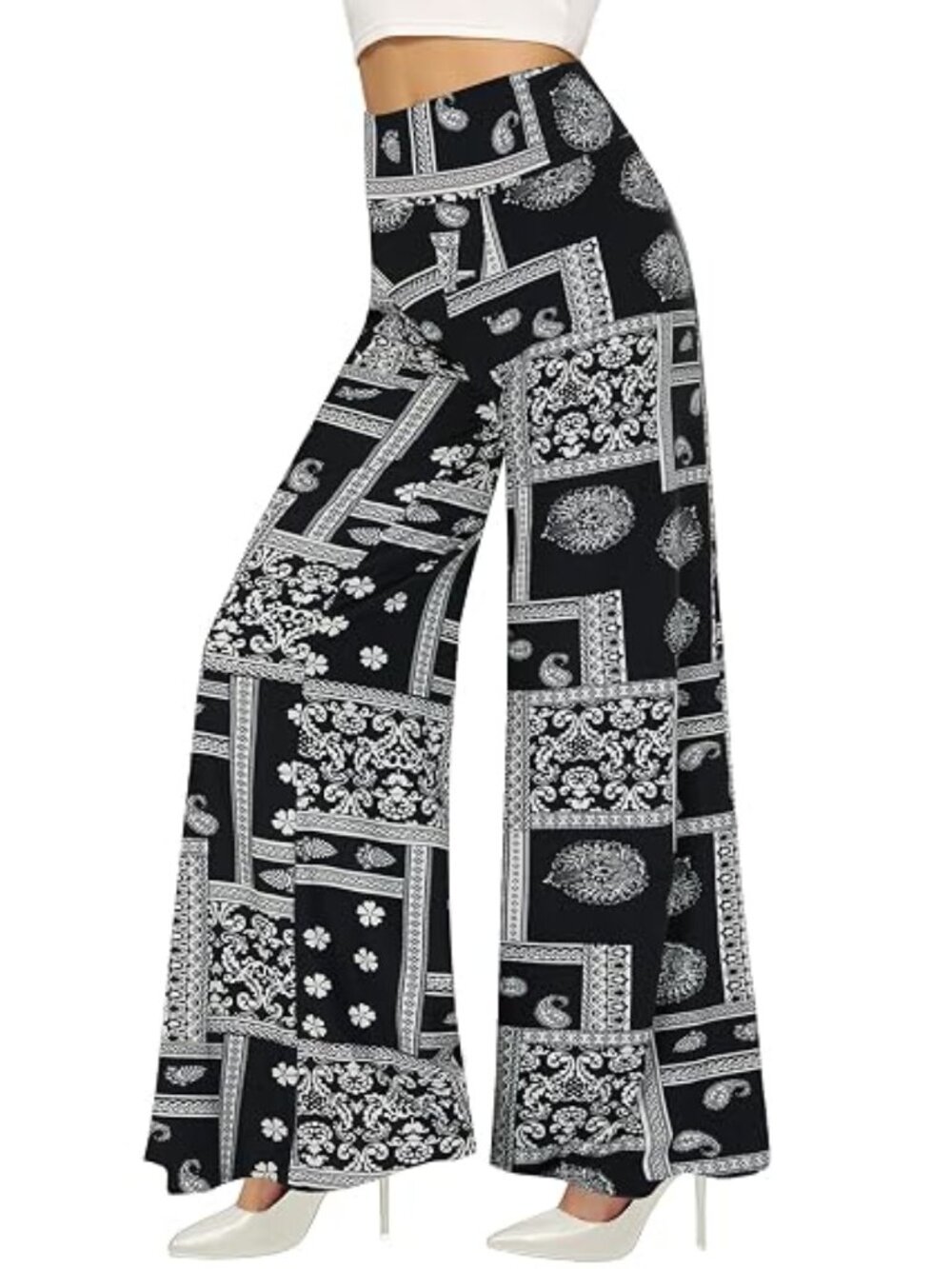 "Black/White Folk Art" LNC Stretchy Wide Leg Lounge Palazzo Pants Size 3XL